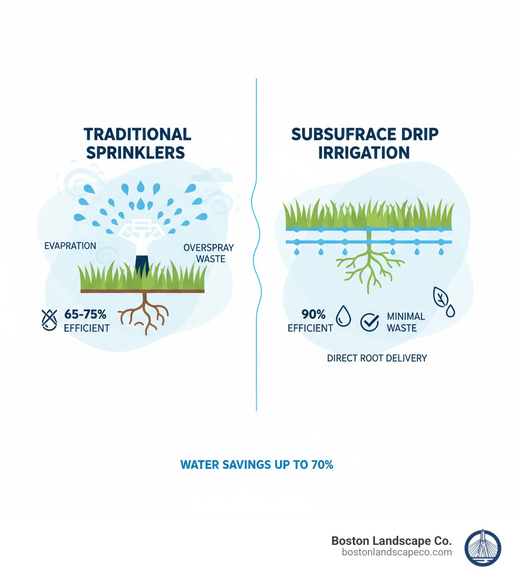 Comparison infographic showing water delivery methods: traditional sprinkler system with visible water loss through evaporation and overspray versus subsurface drip irrigation with direct root zone water delivery and minimal waste - Drip irrigation for lawns infographic 