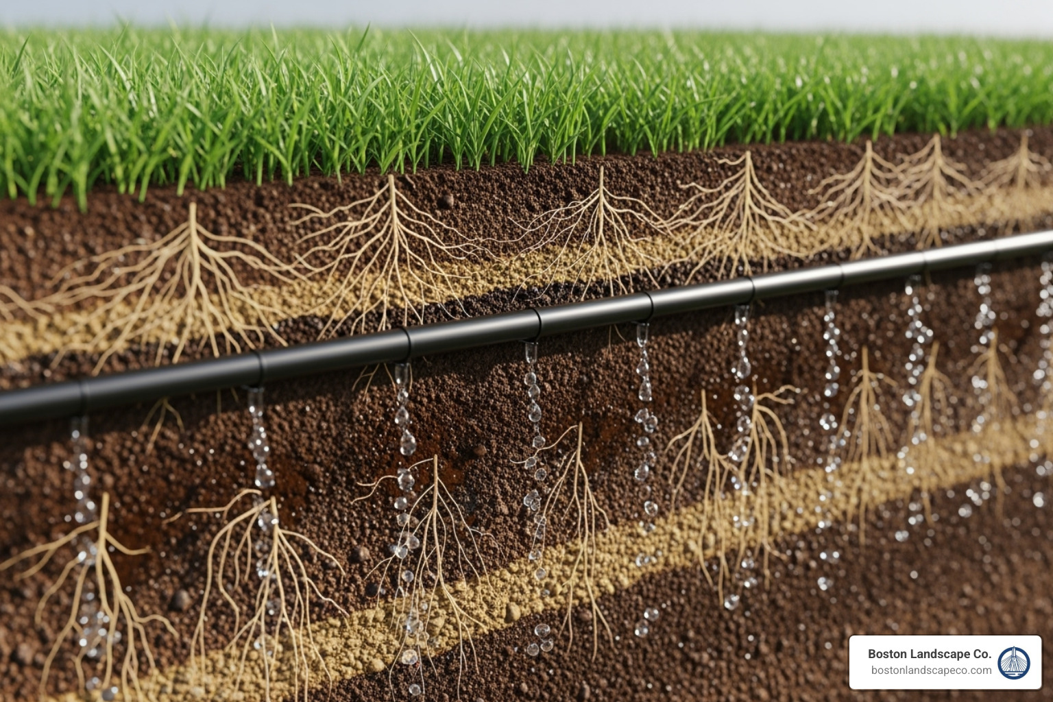 Cross-section of soil showing a drip line watering the grass roots - Drip irrigation for lawns