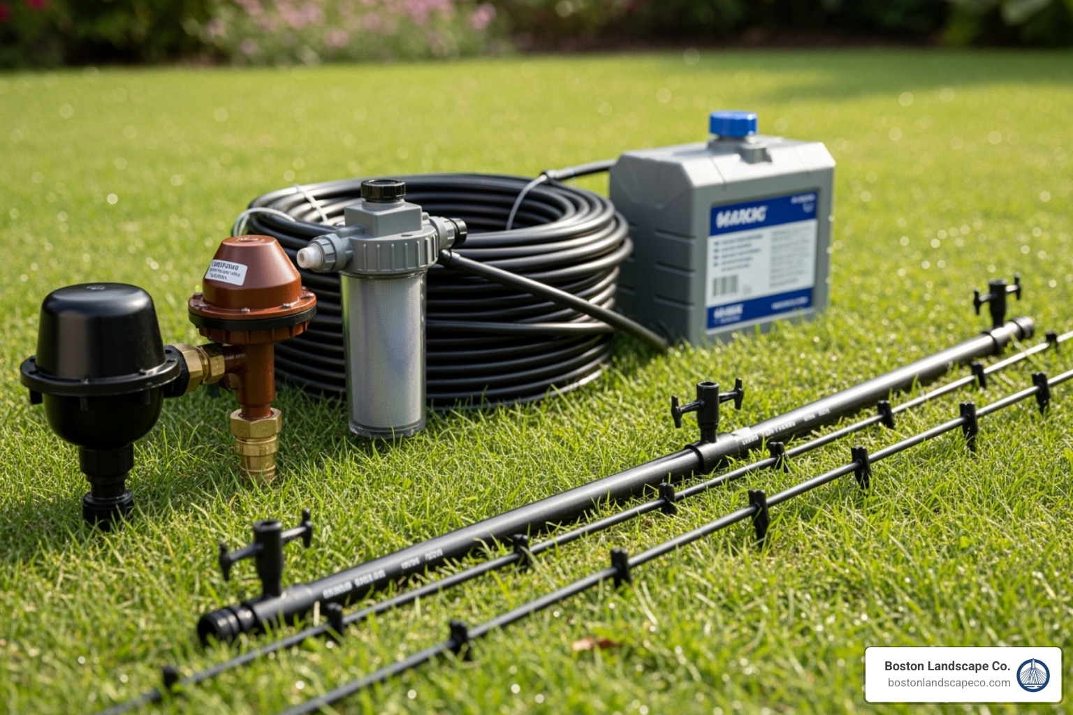 Essential components of a drip irrigation system laid out on a patch of grass - Drip irrigation for lawns