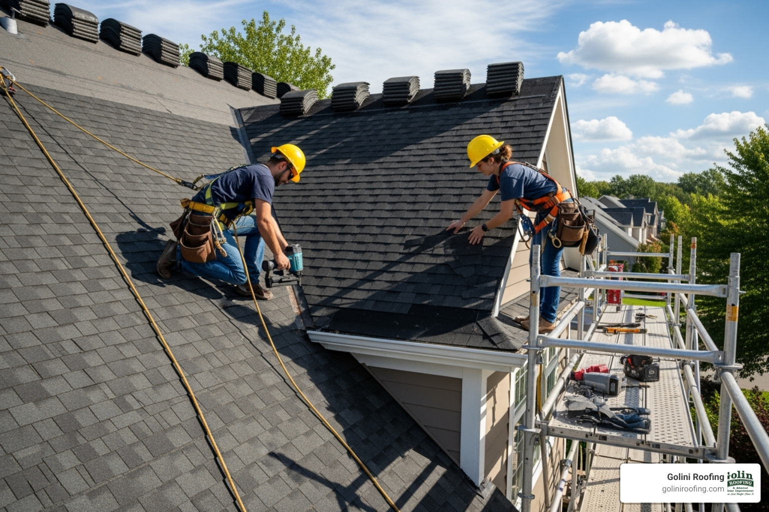 Professional roofers carefully installing shingles with safety equipment - Residential roof estimate Professional roofers carefully installing shingles with safety equipment - Residential roof estimate