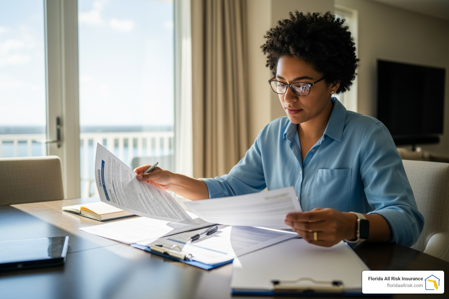 Florida condo resident, paperwork, insurance documents, natural light, sense of security and planning - condominium insurance