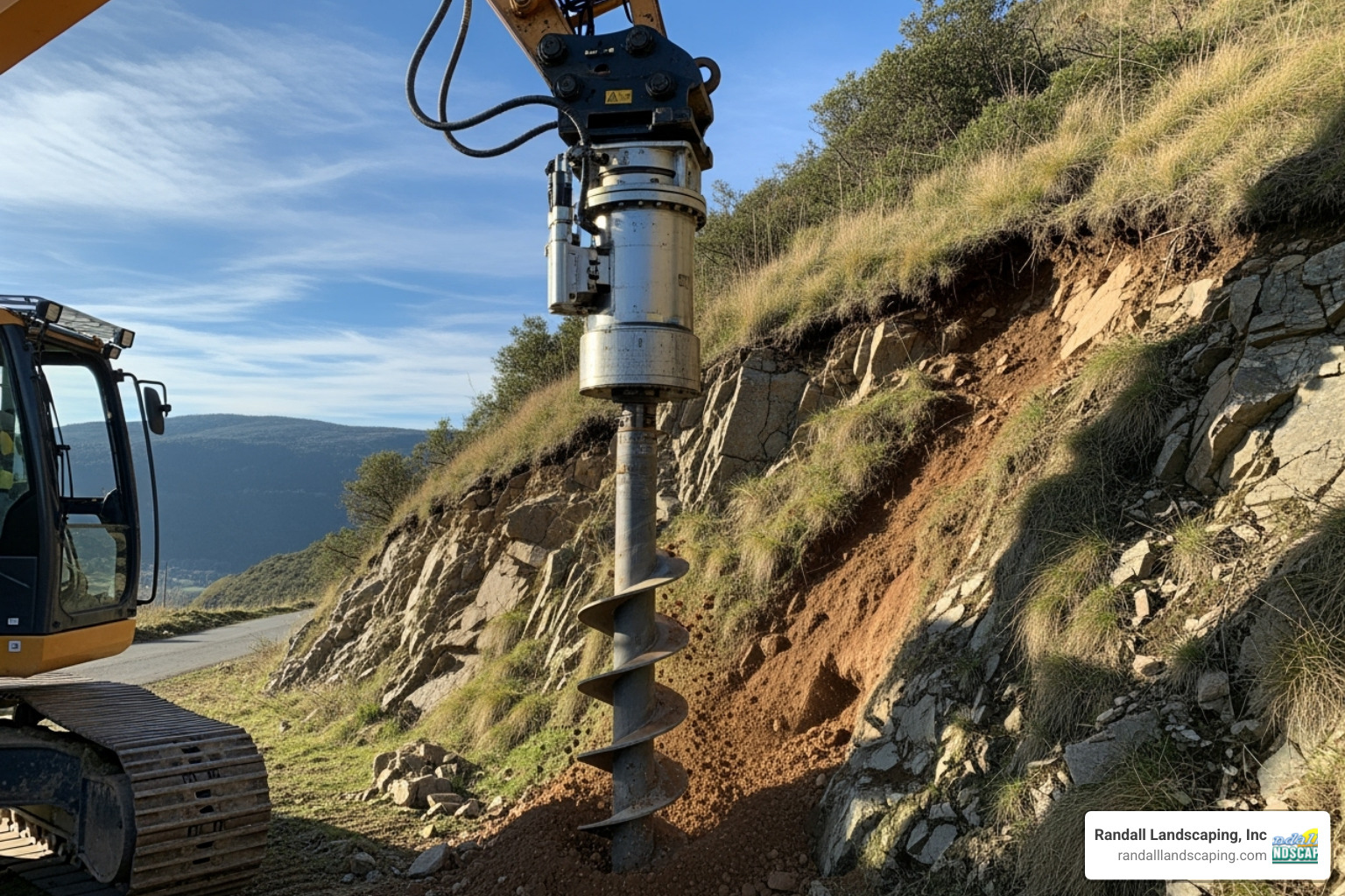 of a hydraulic drive head on an excavator installing a helical anchor into a hillside - helical anchors retaining wall of a hydraulic drive head on an excavator installing a helical anchor into a hillside - helical anchors retaining wall