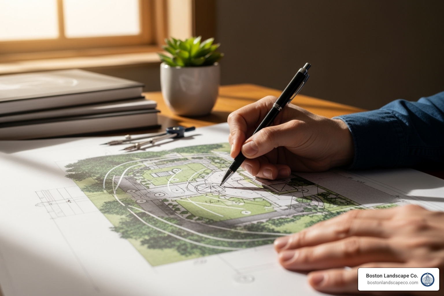 A landscape designer sketching a lighting plan over a property photo - landscape lighting woburn ma