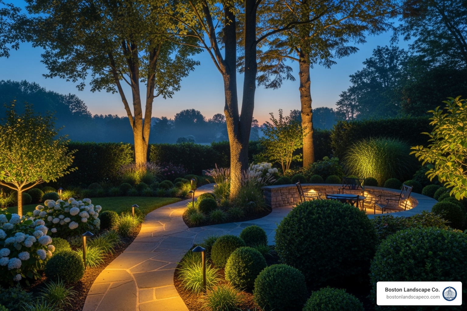Variety of landscape lighting fixtures like path lights, uplights, and hardscape lights in a garden setting - landscape lighting woburn ma