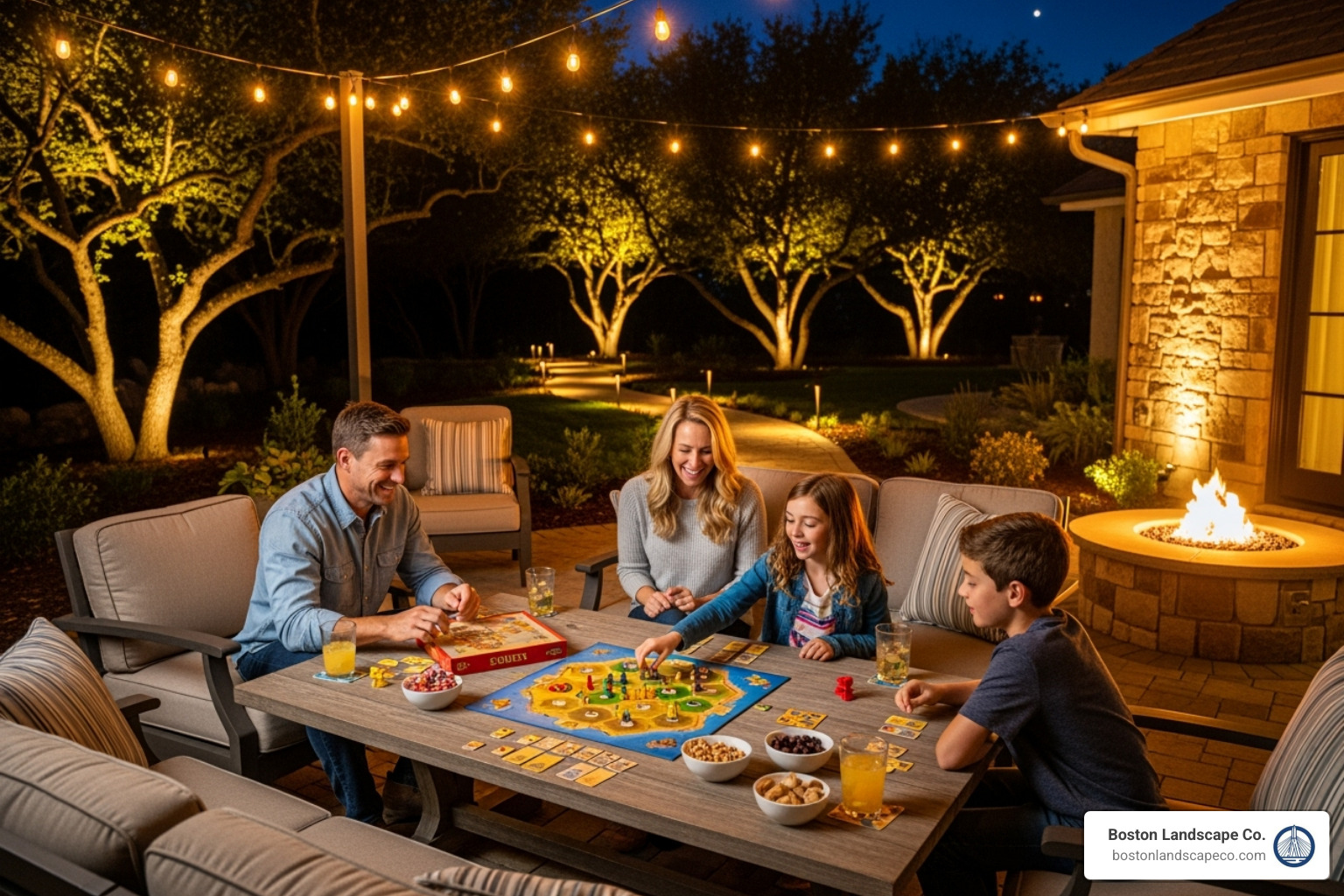 Family enjoying their well-lit patio and backyard in the evening - landscape lighting woburn ma