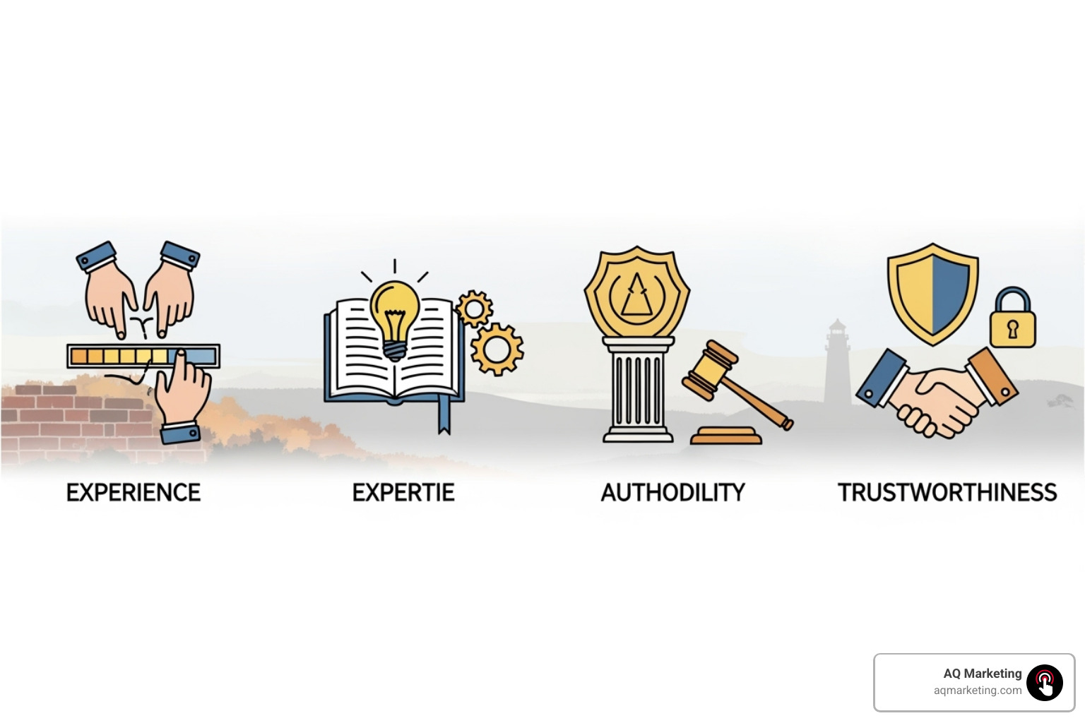 E-E-A-T acronym explained visually with icons for Experience, Expertise, Authoritativeness, Trustworthiness - SEO for service businesses E-E-A-T acronym explained visually with icons for Experience, Expertise, Authoritativeness, Trustworthiness - SEO for service businesses