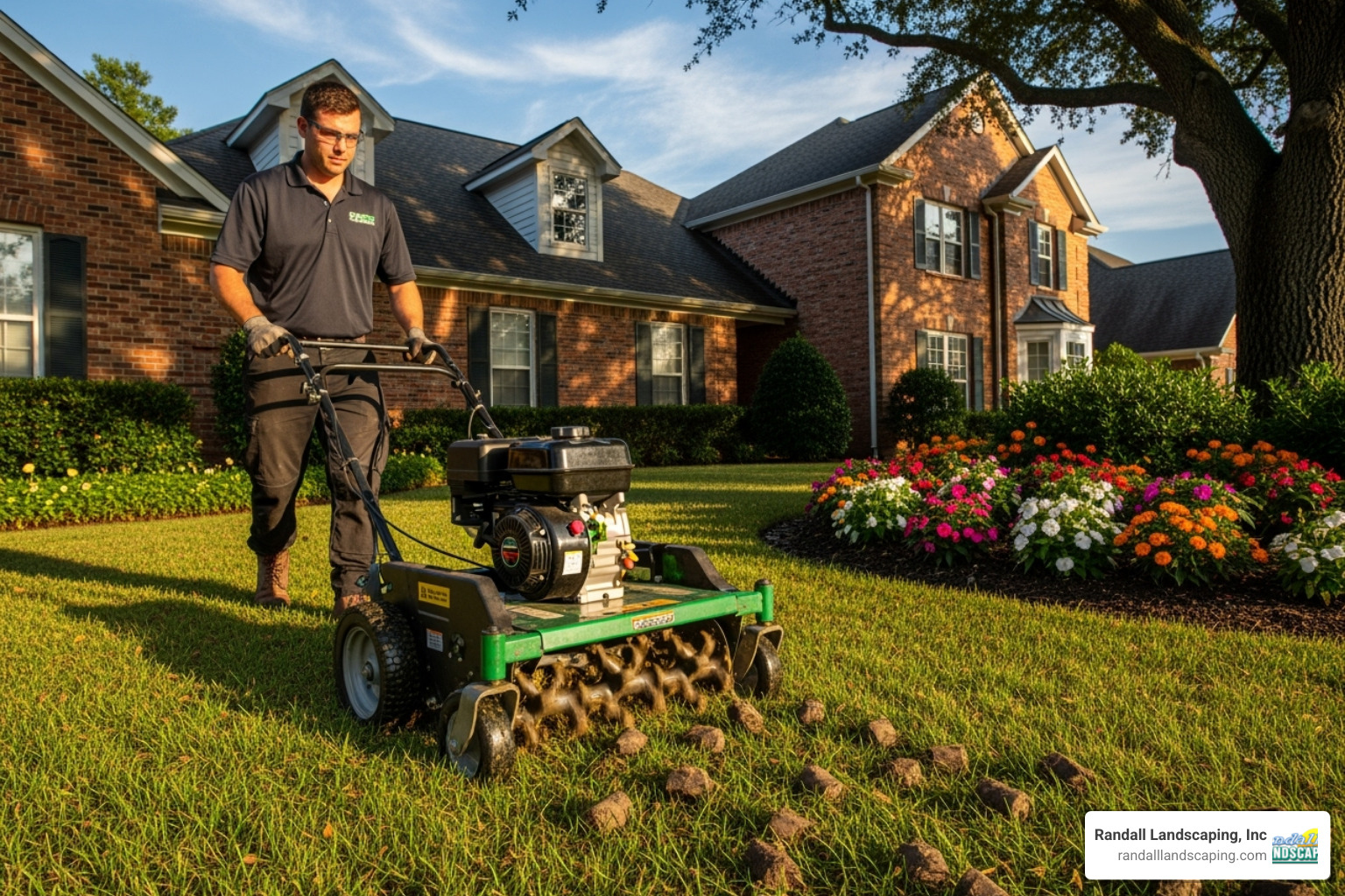 A lawn care professional aerating a lawn - lawn maintenance near me