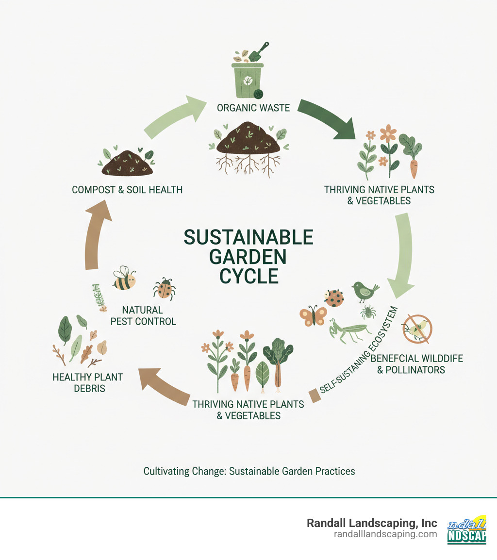 Infographic showing the sustainable garden cycle: organic waste becomes compost, enriching soil health, supporting thriving native plants and vegetables, attracting beneficial wildlife and pollinators, which naturally control pests, leading to healthy plant debris that returns to compost, creating a self-sustaining ecosystem - Sustainable garden practices infographic 