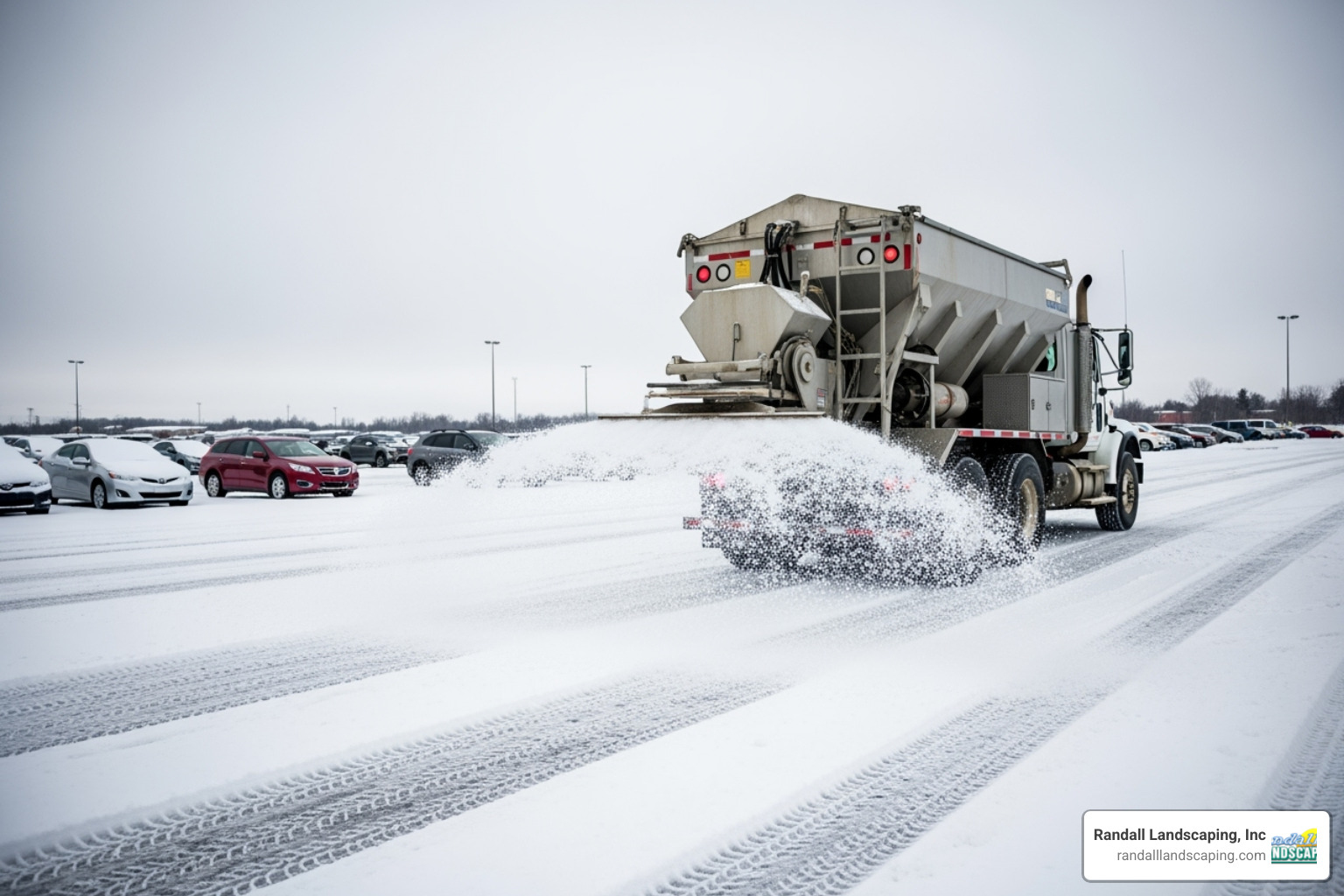 a salt spreader truck treating a commercial parking lot - Snow removal companies