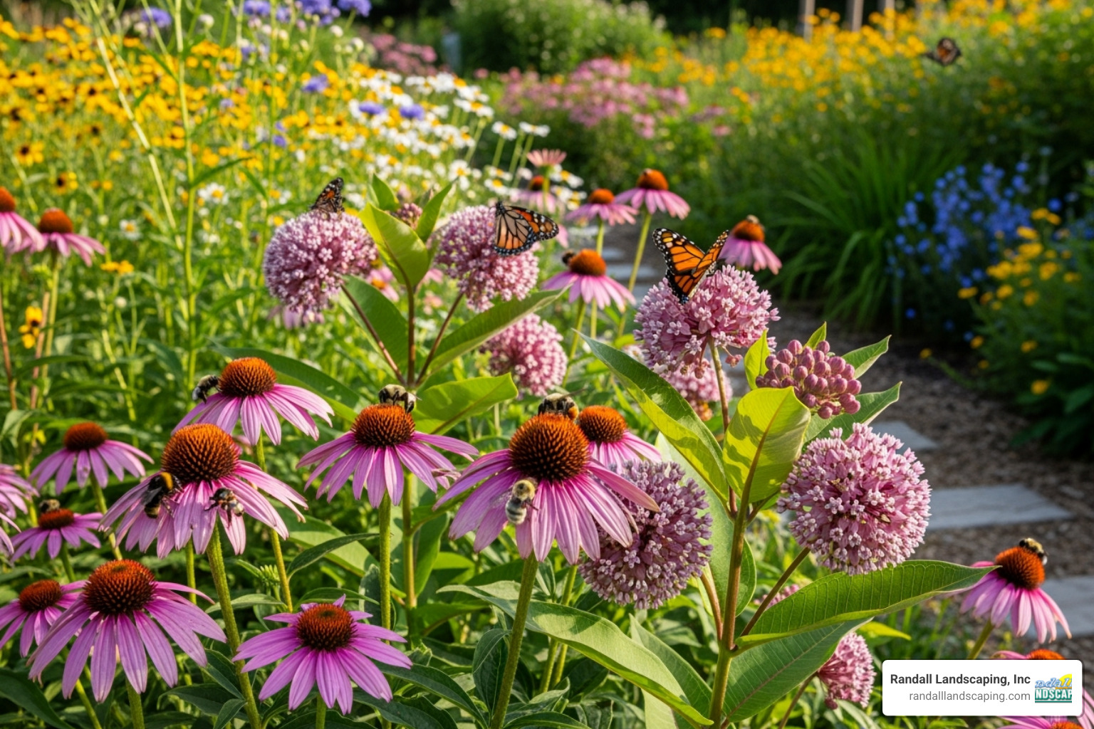 A vibrant native plant garden featuring purple coneflowers and milkweed, buzzing with pollinators. - Sustainable garden practices