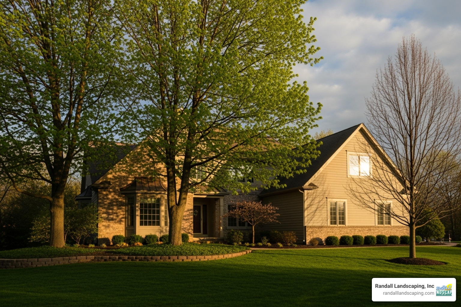 A home with deciduous trees strategically placed to provide summer shade and allow winter sun, demonstrating energy-efficient landscaping - Sustainable garden practices