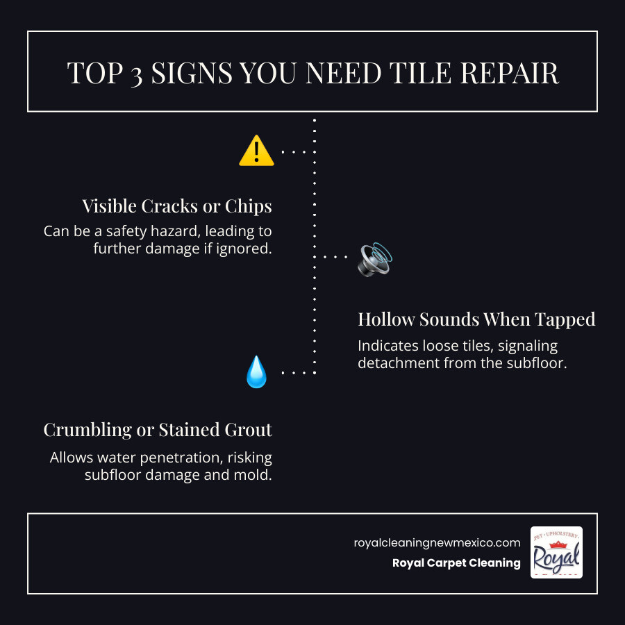 Infographic showing the top 3 warning signs you need tile repair: 1) Visible cracks or chips in tiles with safety hazard icon, 2) Hollow sounds when tapped indicating loose tiles with sound wave illustration, 3) Crumbling or discolored grout with water damage warning symbol - tile repair near me infographic infographic-line-3-steps-dark