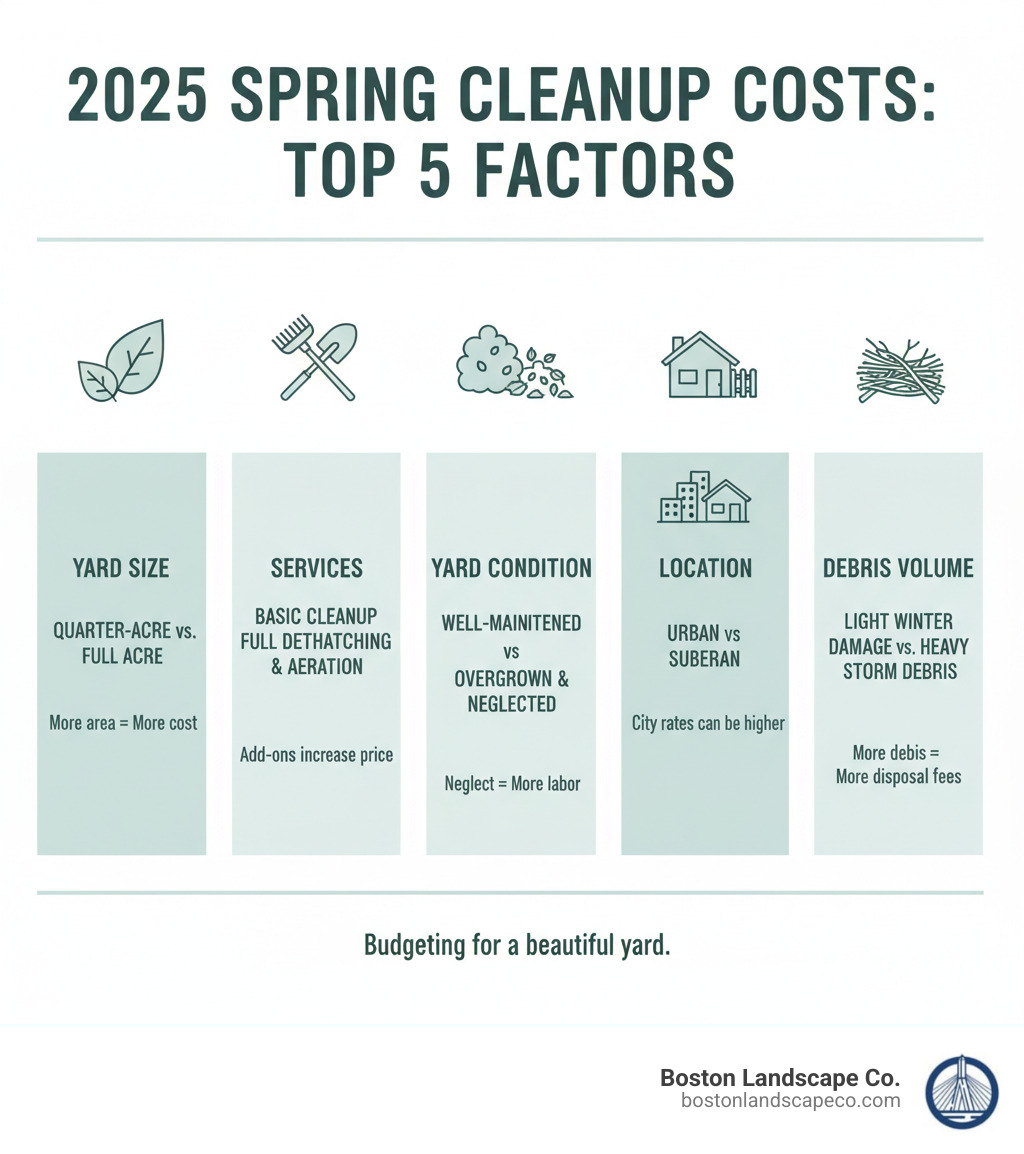 Infographic showing the top 5 factors that influence spring cleanup costs: Yard Size (quarter-acre vs full acre impacts), Services Included (basic cleanup vs full dethatching and aeration), Yard Condition (well-maintained vs overgrown and neglected), Location (urban vs suburban pricing differences), and Debris Volume (light winter damage vs heavy storm debris) - average cost of spring yard clean up infographic 