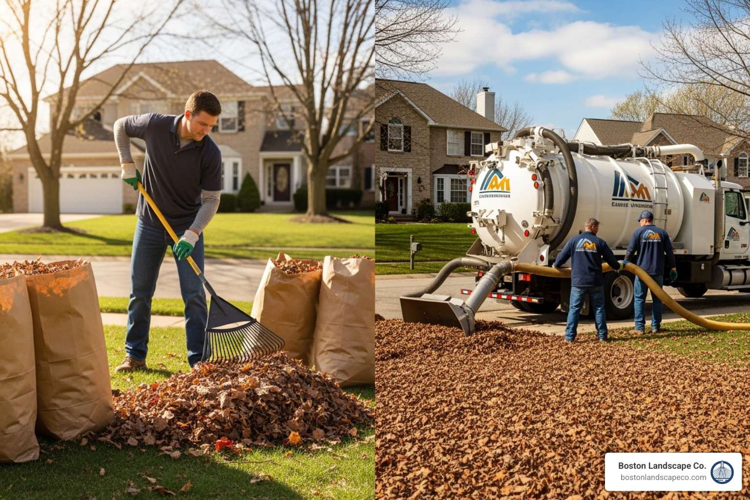 A homeowner with a rake and leaf bags next to a professional crew with a leaf vacuum truck - average cost of spring yard clean up