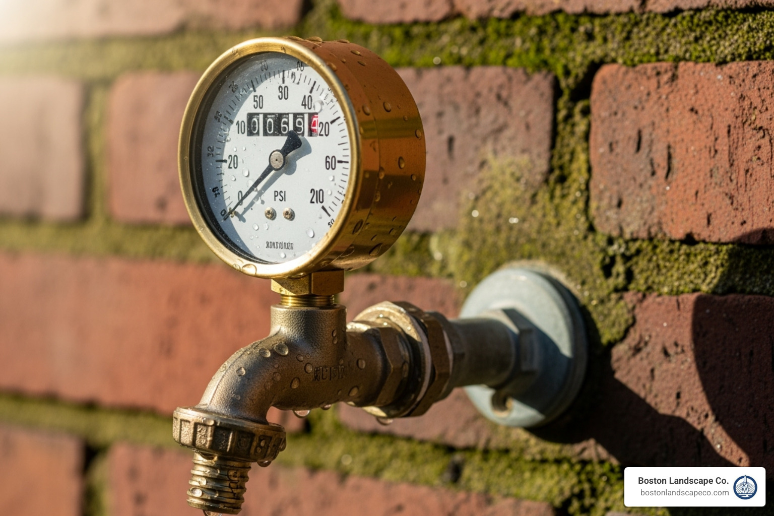 Pressure gauge attached to an outdoor spigot showing a reading - Irrigation for large lawns