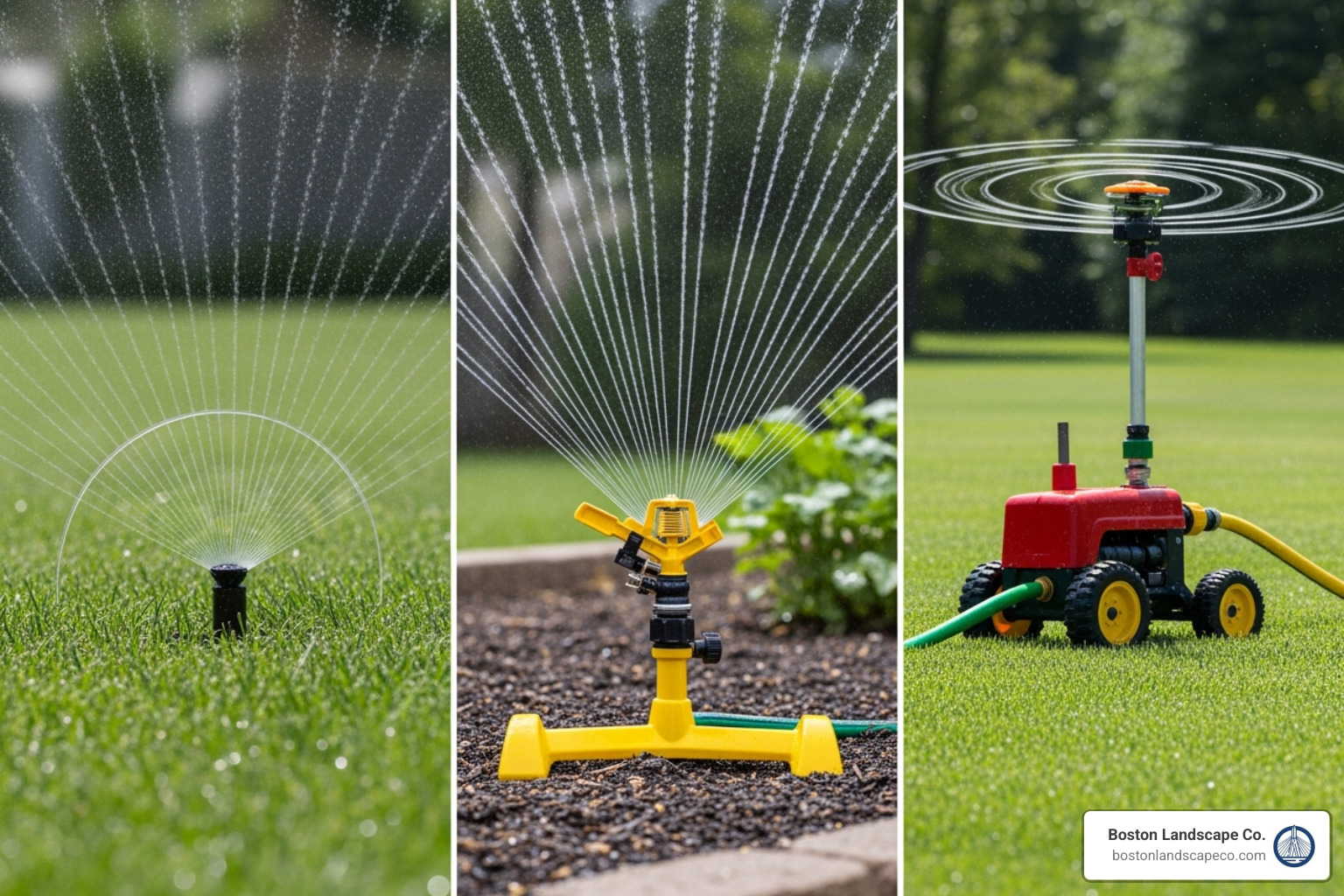 Collage showing an in-ground pop-up head, a hose-end oscillating sprinkler, and a traveling "tractor" sprinkler - Irrigation for large lawns