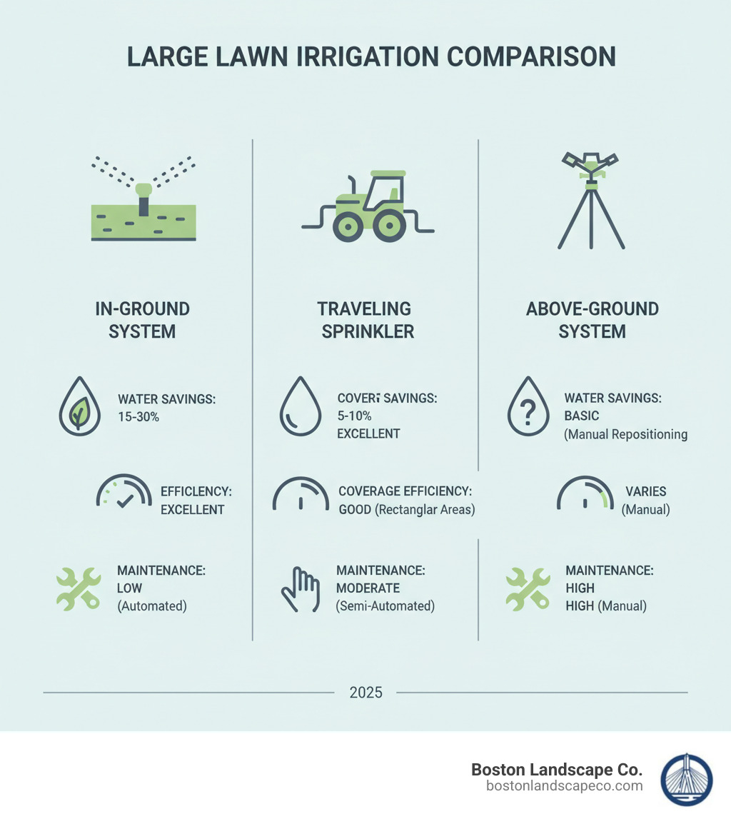 Infographic showing irrigation system comparison with water savings percentages, coverage efficiency ratings, and maintenance requirements for in-ground, above-ground, and traveling sprinkler systems - Irrigation for large lawns infographic 