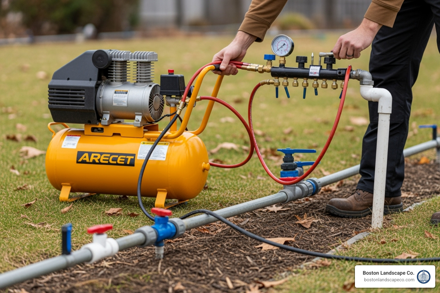 Professional using an air compressor to winterize an irrigation system - Irrigation for large lawns