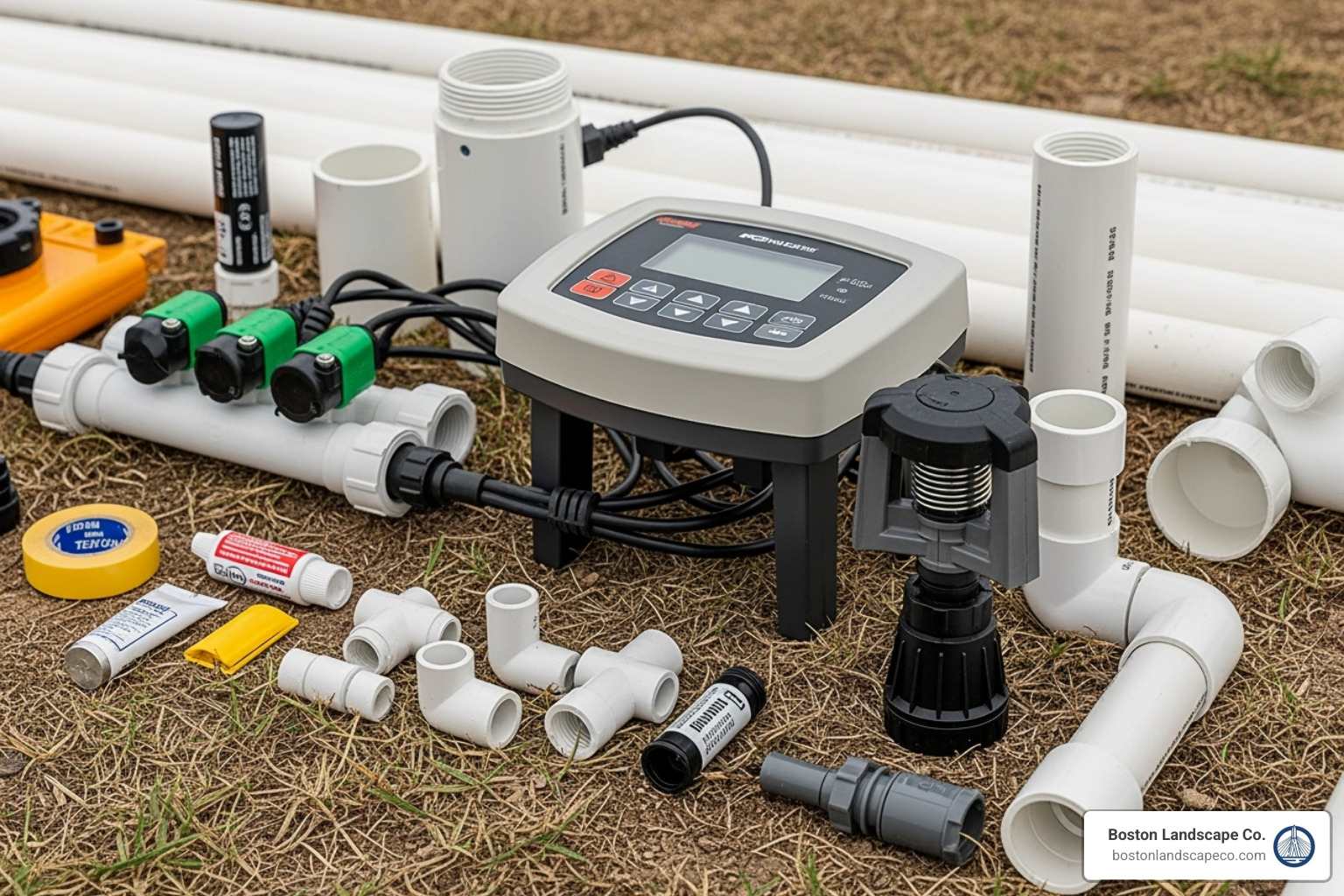 Main components of an irrigation system laid out: controller, valve manifold, PVC pipe, and a rotor sprinkler head - Irrigation for large lawns
