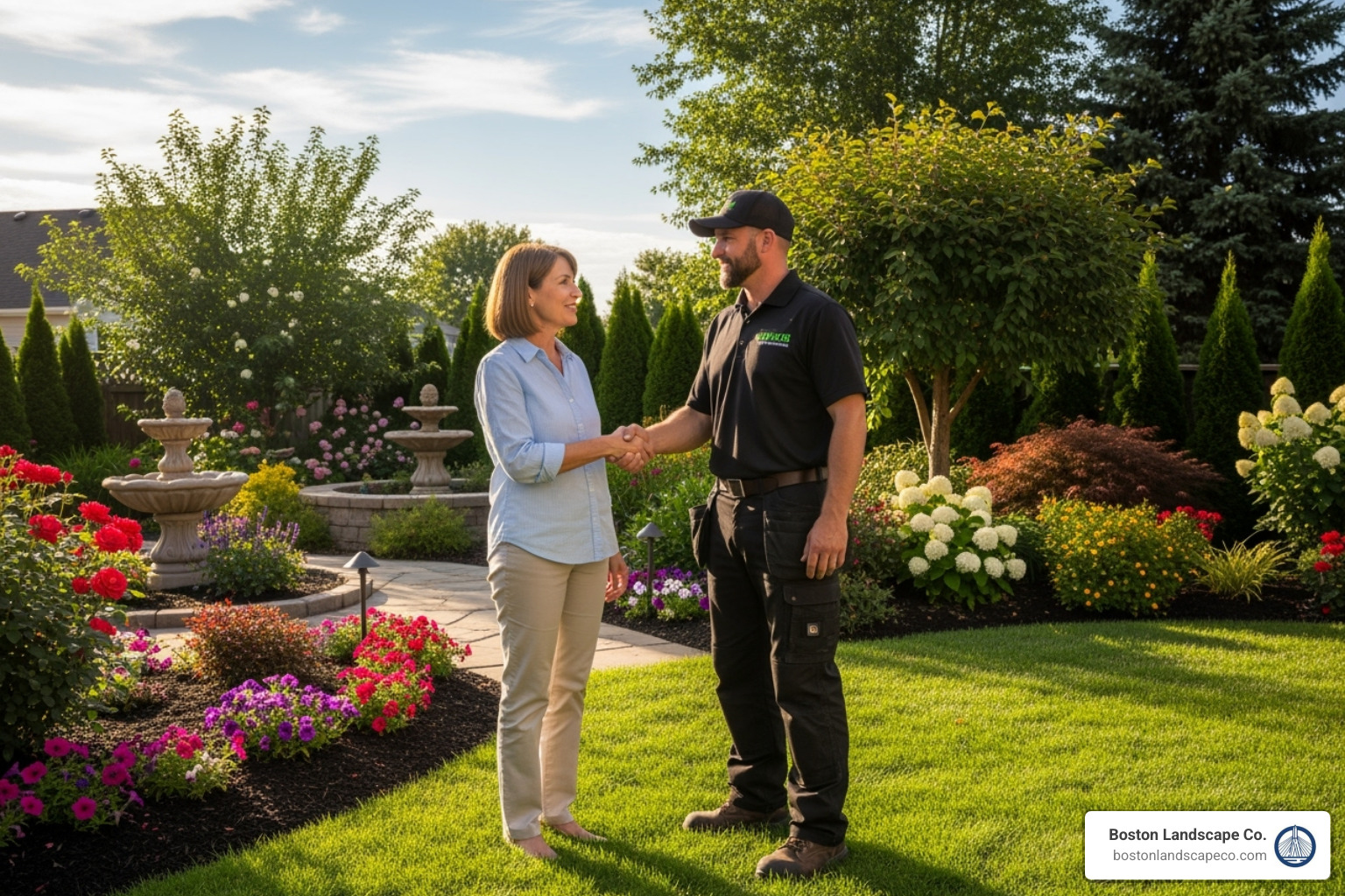 homeowner shaking hands with landscape contractor - landscape builders near me