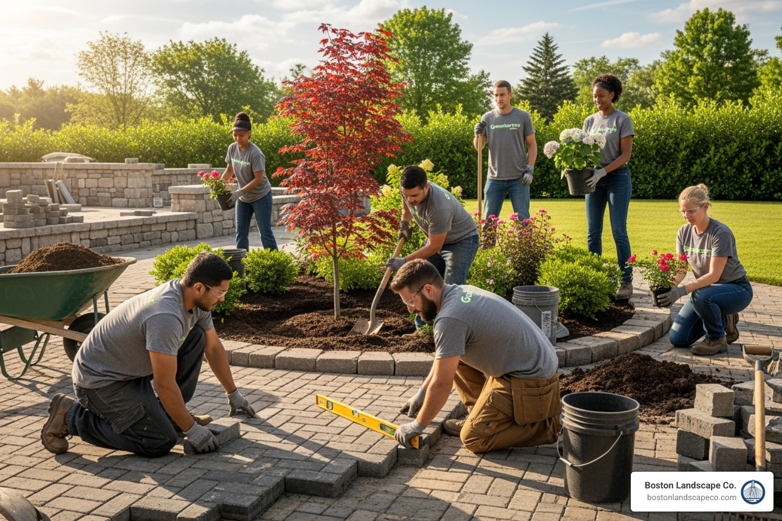 versatile landscaping crew working on hardscape and softscape - landscape builders near me