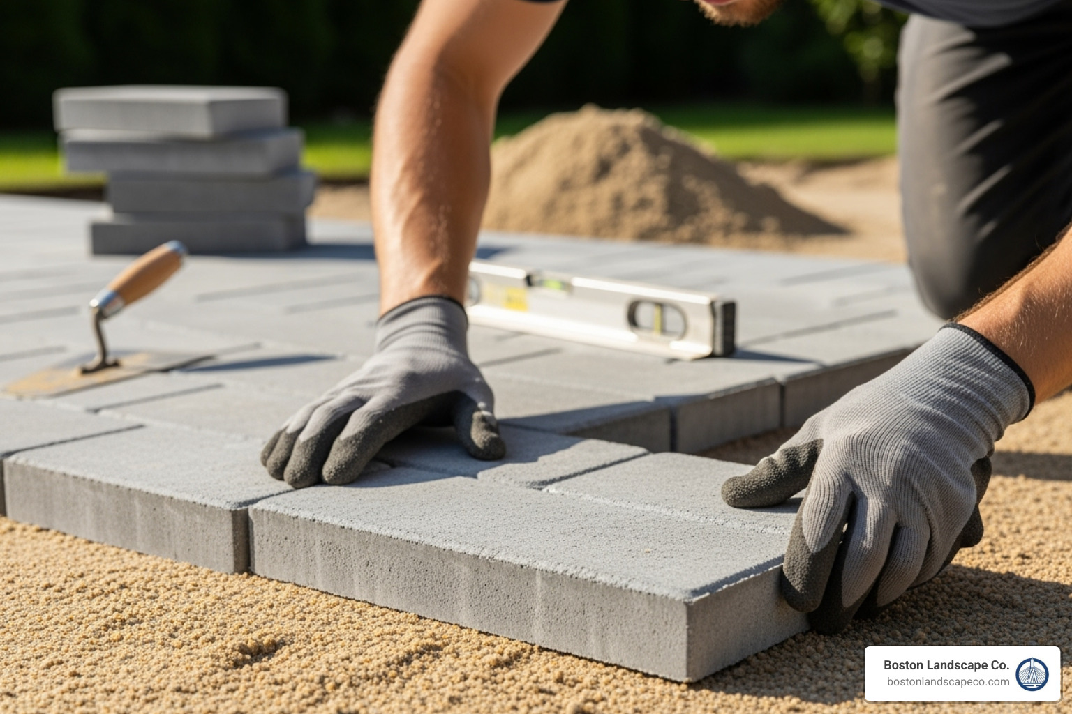 landscaper laying pavers for a new patio - patio landscapers near me