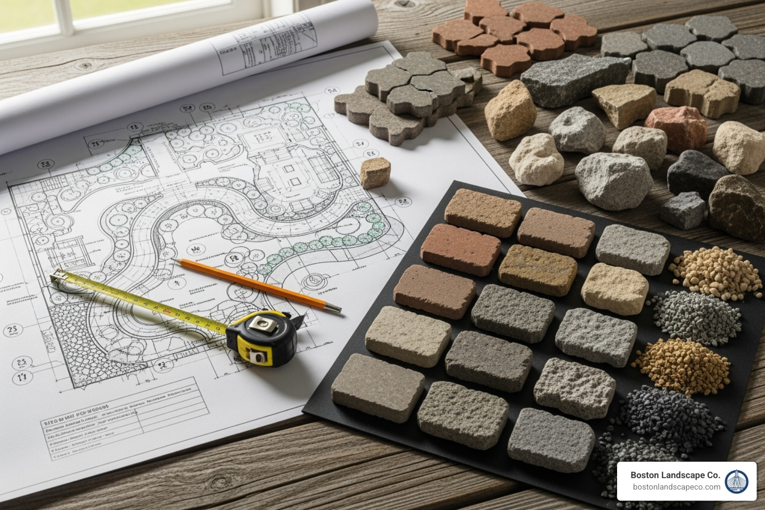 detailed landscape design plan next to material samples like pavers and stones - patio landscapers near me