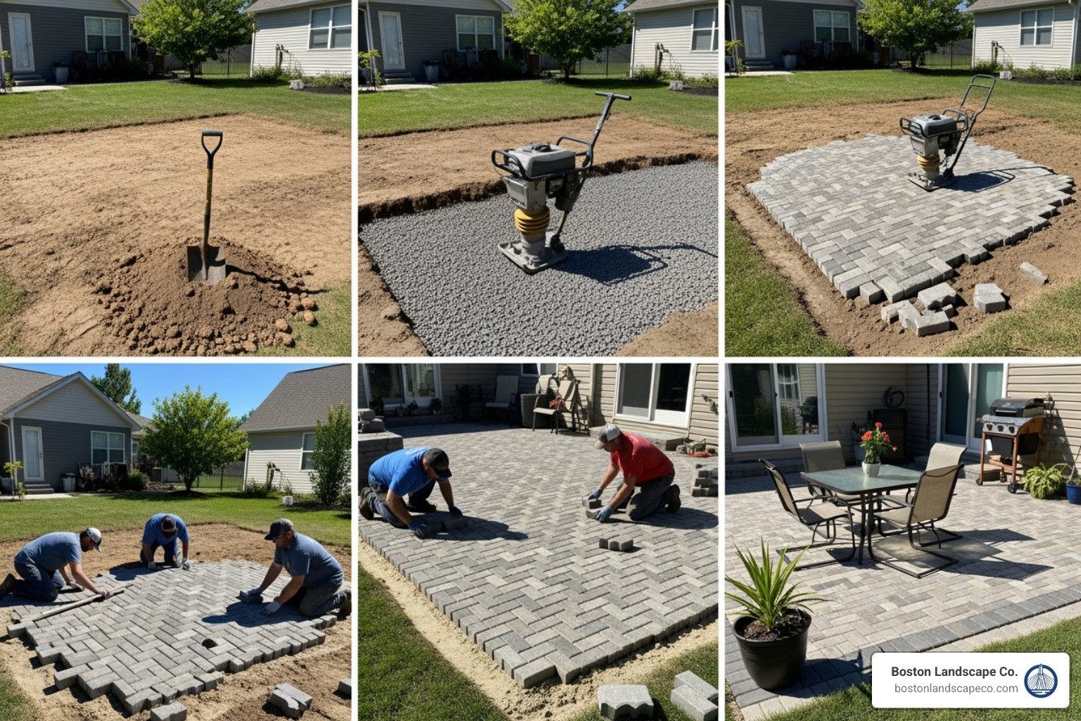 time-lapse or multi-panel view of a patio project from dirt patch to finished space - patio landscapers near me
