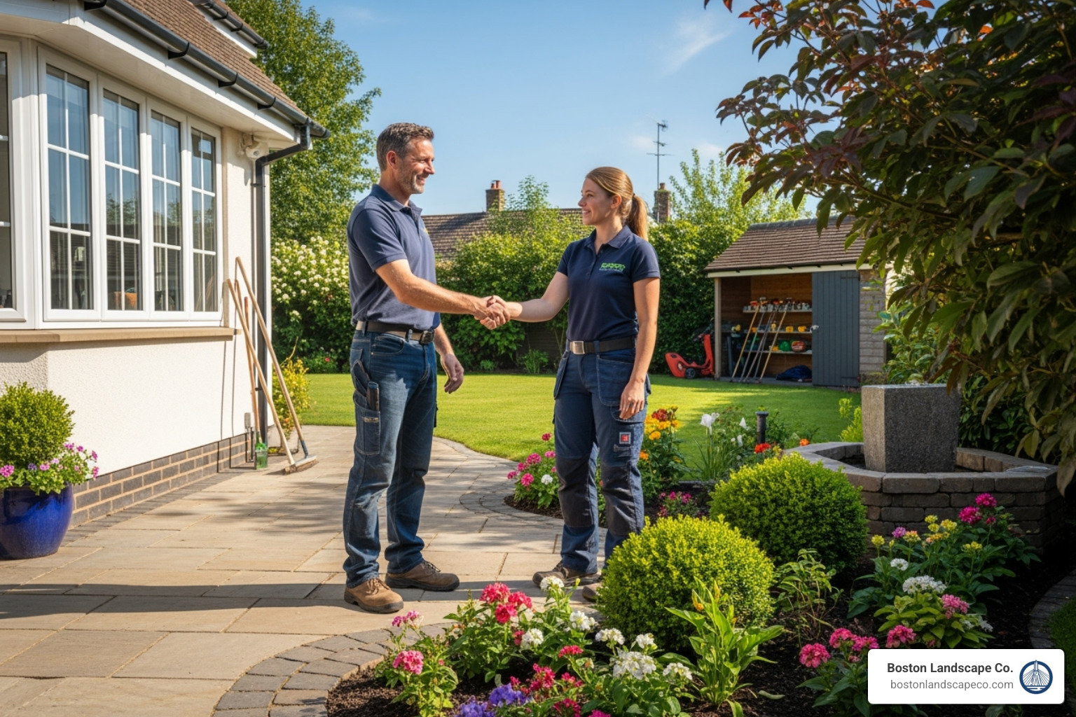 homeowner smiling and shaking hands with a professional landscaper - patio landscapers near me