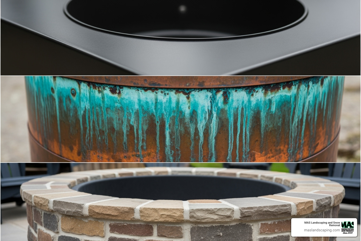 collage showing different fire pit materials like black steel, weathered copper, and custom-built stone - Firepit for backyard
