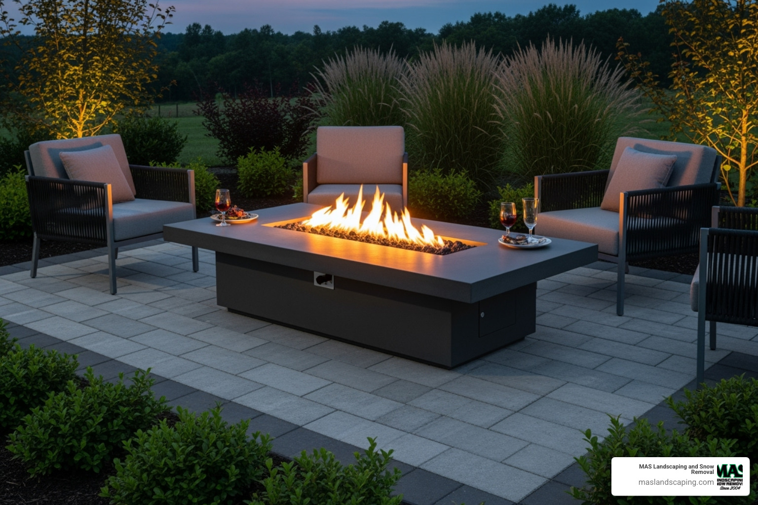 stylish gas fire pit table integrated into a modern paver patio - Firepit for backyard