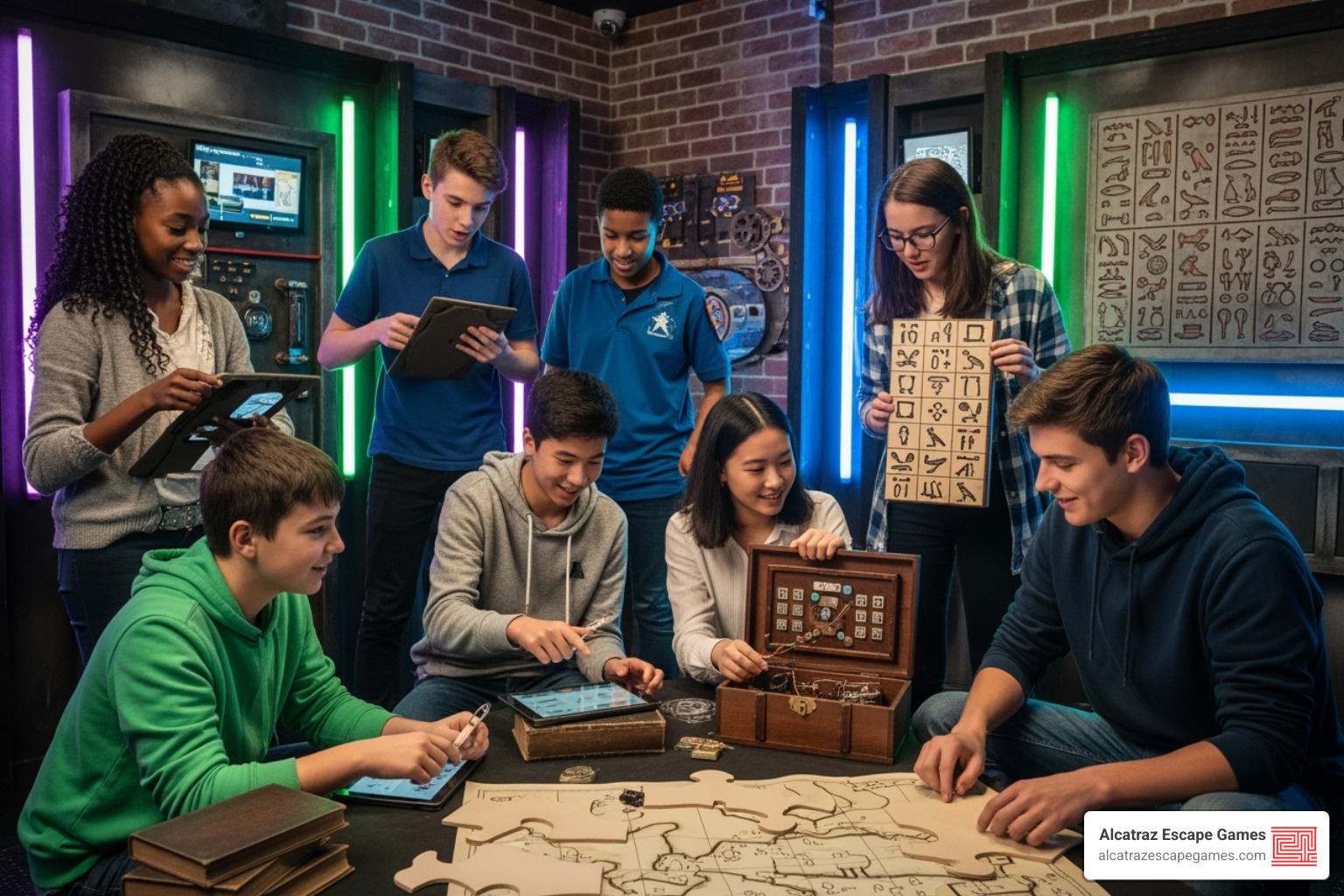 A diverse group of teens collaborating on a puzzle in a brightly lit escape room, demonstrating teamwork and problem-solving skills - Escape room for teens