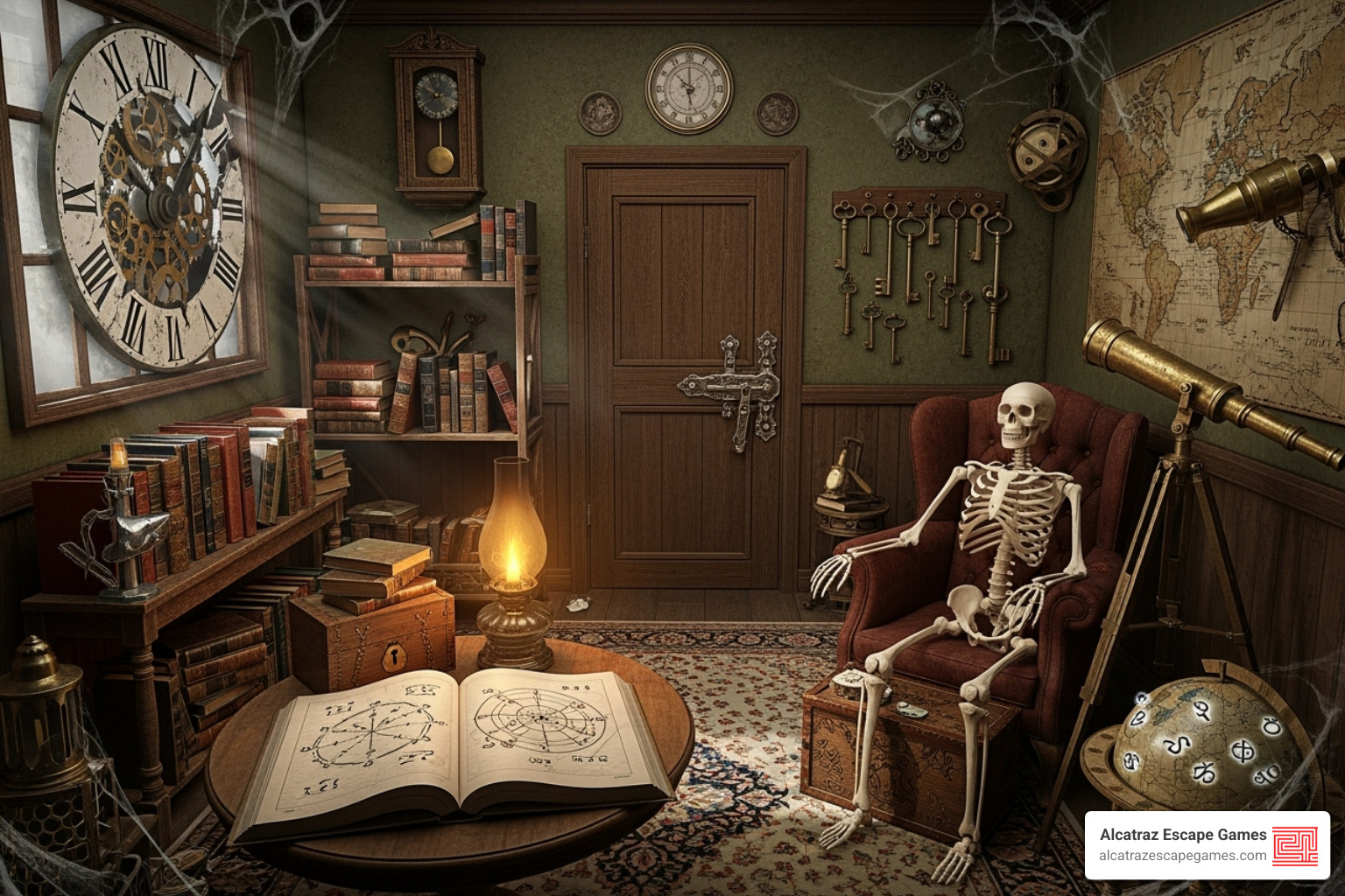 A mysterious, dimly lit escape room with props like old books and strange artifacts, creating an atmosphere of intrigue and adventure. - Escape room for teens