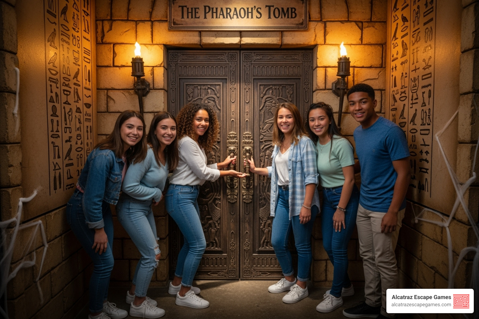 Teens excitedly entering an escape room at Alcatraz Escape Games, ready for their adventure - Escape room for teens