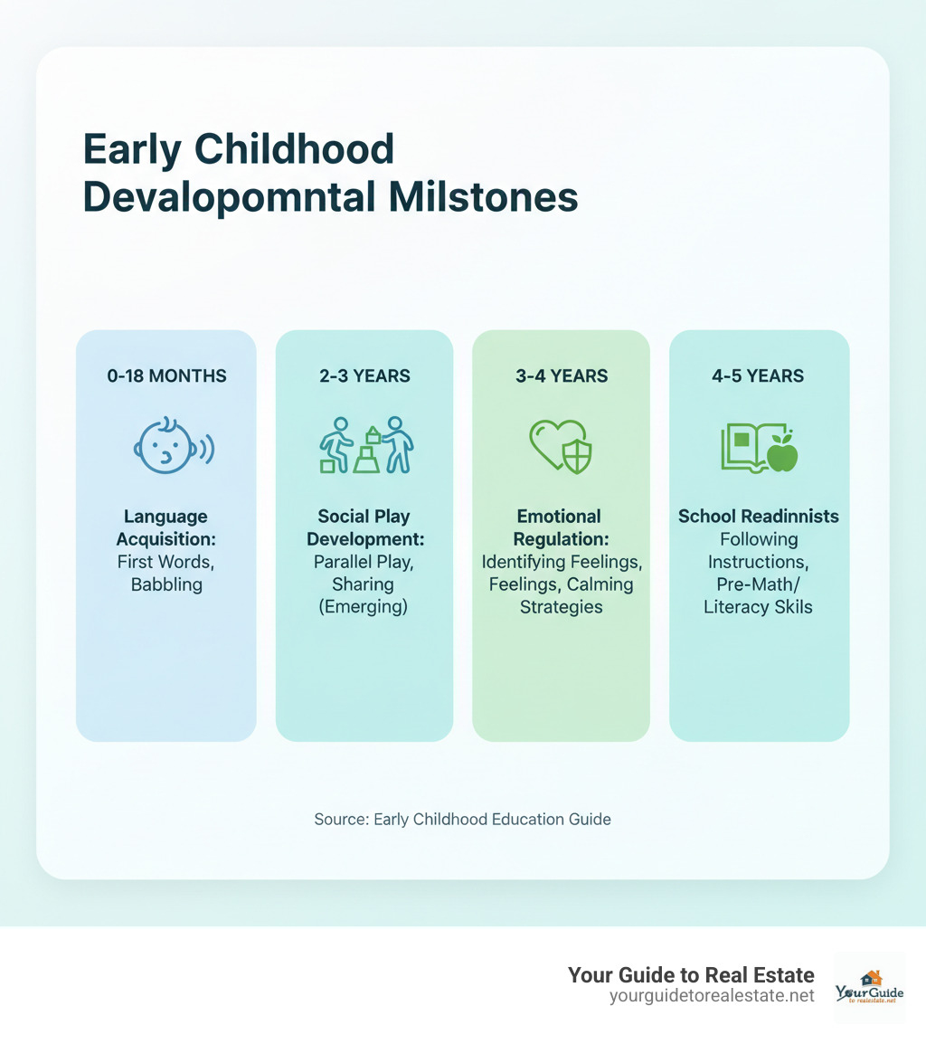 Infographic showing key developmental milestones from birth to age 5, including language acquisition at 12-18 months, social play development at 2-3 years, emotional regulation skills at 3-4 years, and school readiness indicators at 4-5 years - early childhood education infographic 