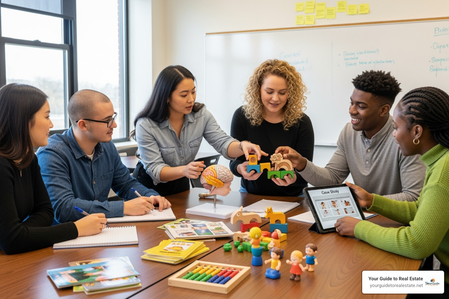 A college classroom with students engaged in a hands-on learning activity related to early childhood education, possibly interacting with educational materials or discussing a case study - early childhood education