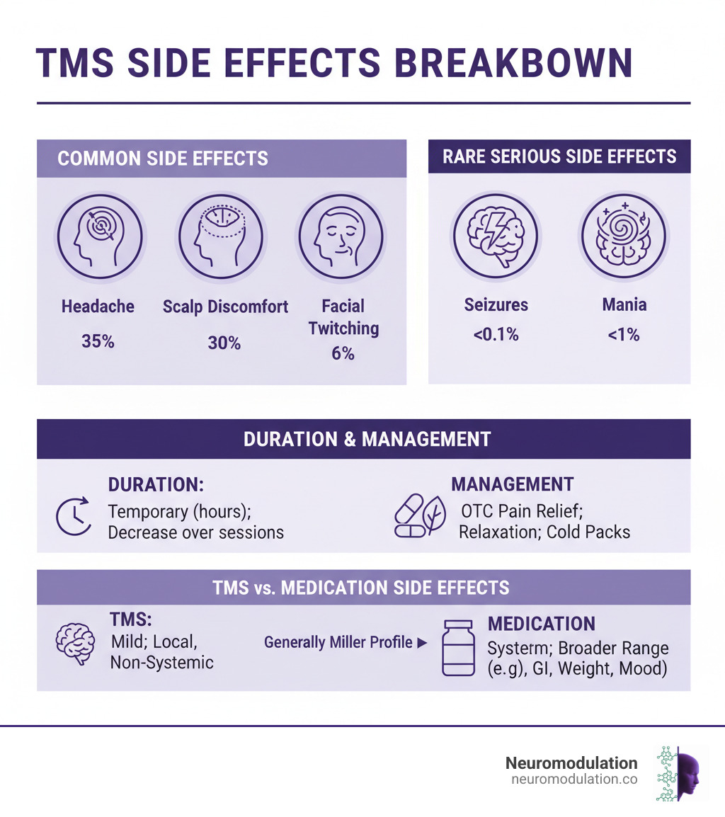 Comprehensive TMS side effects breakdown showing common side effects (headache 35%, scalp discomfort 30%, facial twitching 6%), rare serious side effects (seizures <0.1%, mania <1%), and comparison with medication side effects, including duration and management strategies - tms side effects infographic 