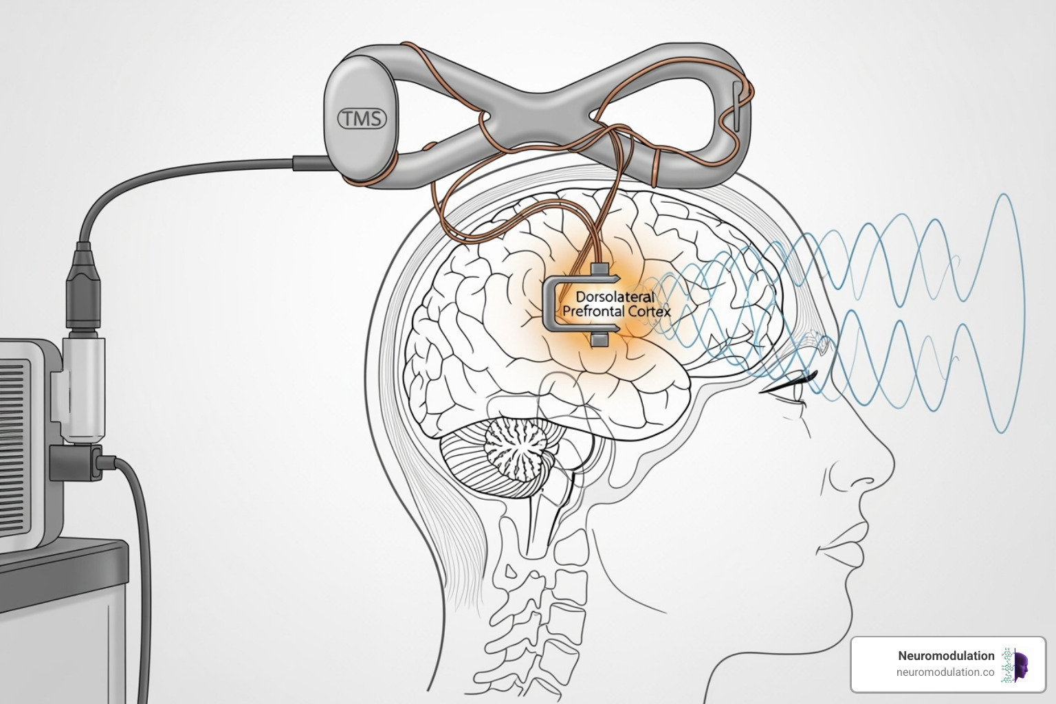 Illustration showing the precise placement of the TMS coil on the patient's head, highlighting the targeted brain regions - tms side effects