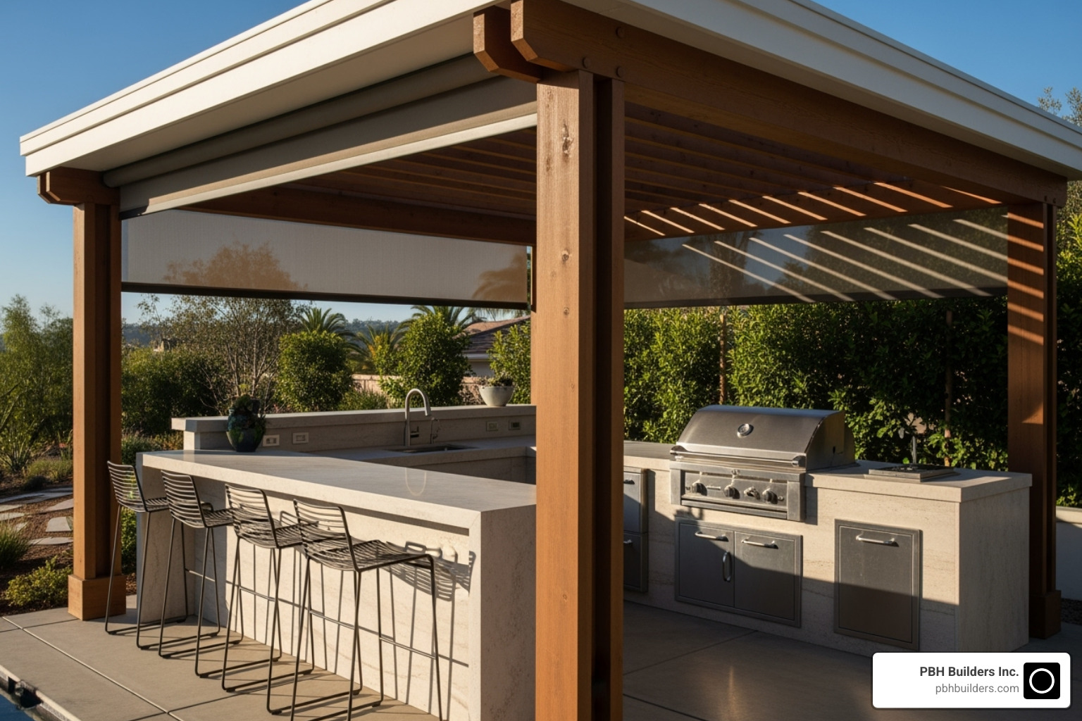Image of a modern outdoor kitchen and pergola area in a San Diego home. - san diego landscape design