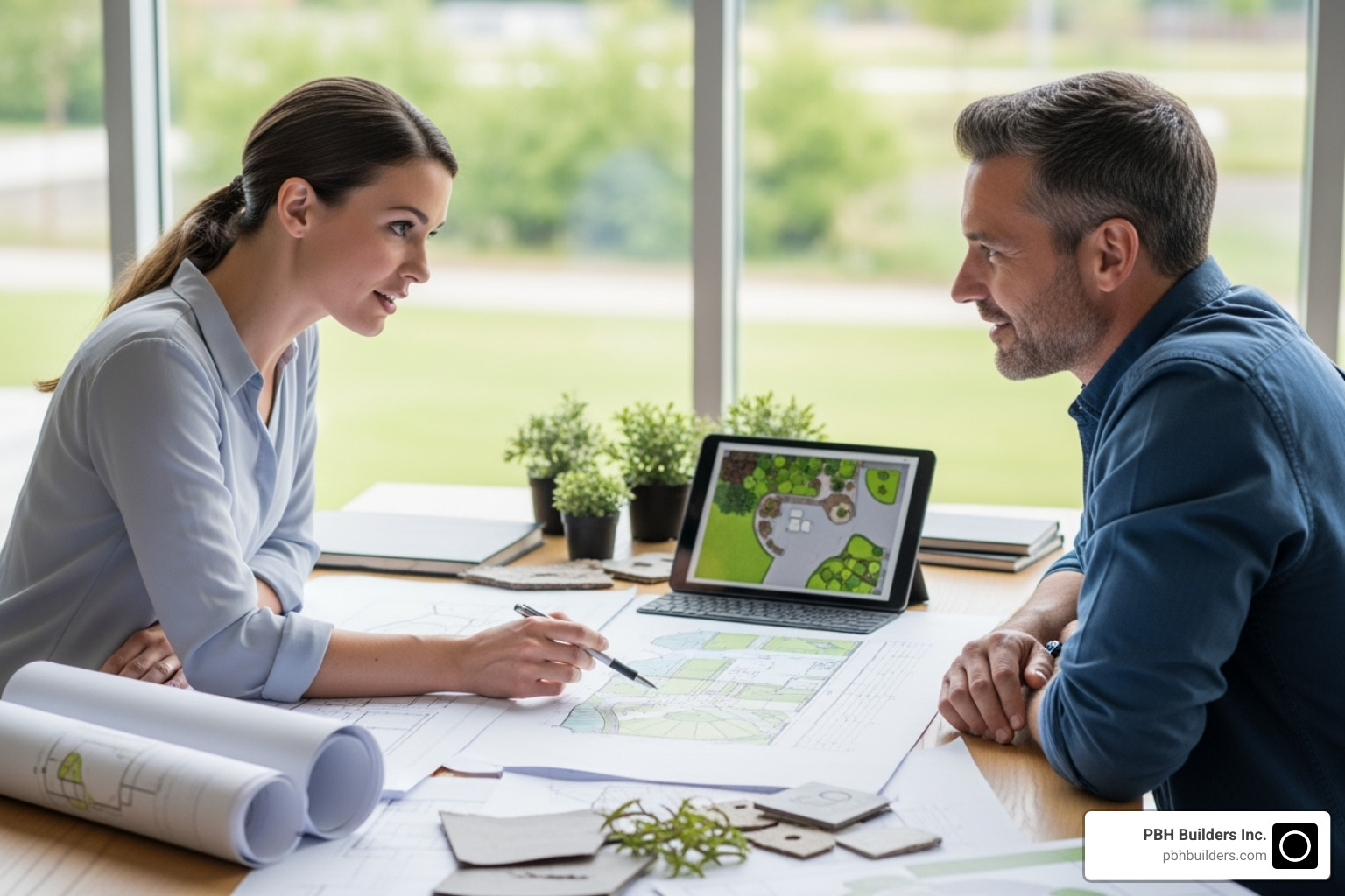 Image of a landscape designer collaborating with a homeowner over plans. - san diego landscape design