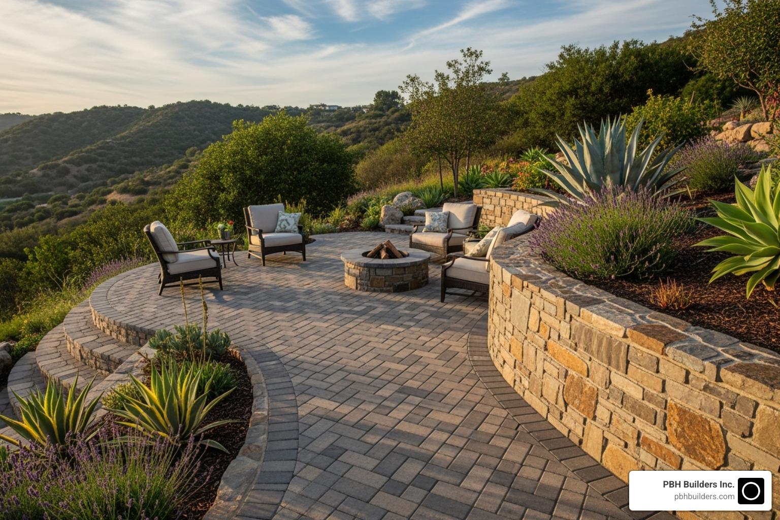 Image of a beautifully crafted paver patio with a retaining wall. - san diego landscape design
