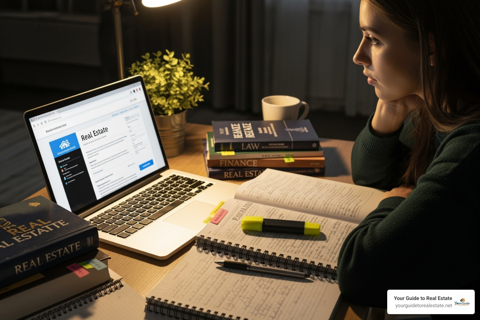 A student intently studying real estate materials on a laptop, surrounded by textbooks and notes, emphasizing the online learning aspect of pre-licensing education. - how to get a real estate license