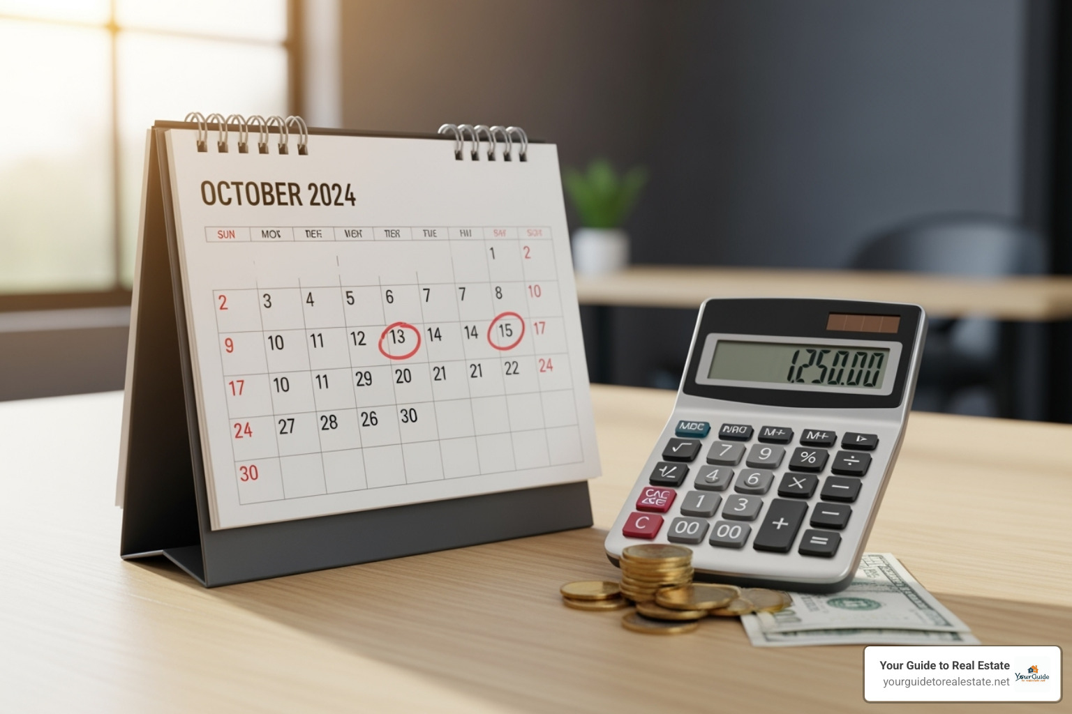 Calendar and calculator representing time and cost - real estate license