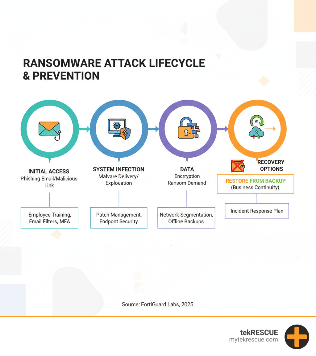 Comprehensive infographic showing ransomware attack lifecycle from initial phishing email through system infection, data encryption, and recovery options with prevention measures at each stage - how to prevent ransomware infographic 