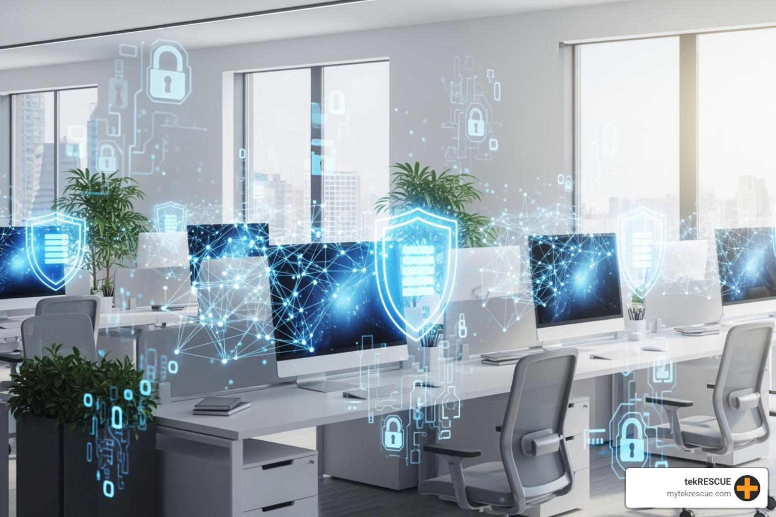 Secure, modern office with multiple layers of digital security represented visually - how to prevent ransomware
