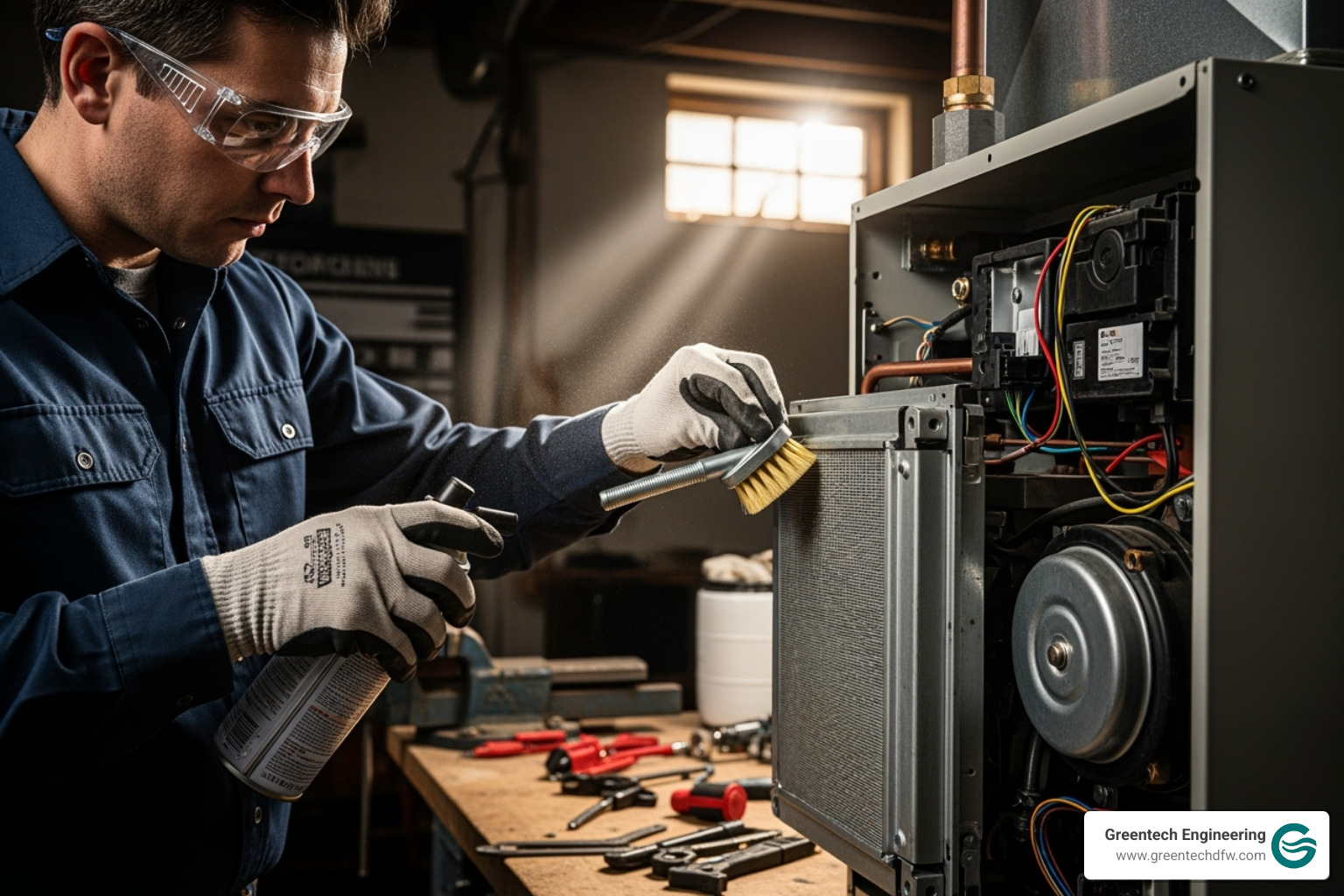 A technician carefully cleaning a furnace component - Carrollton heating maintenance