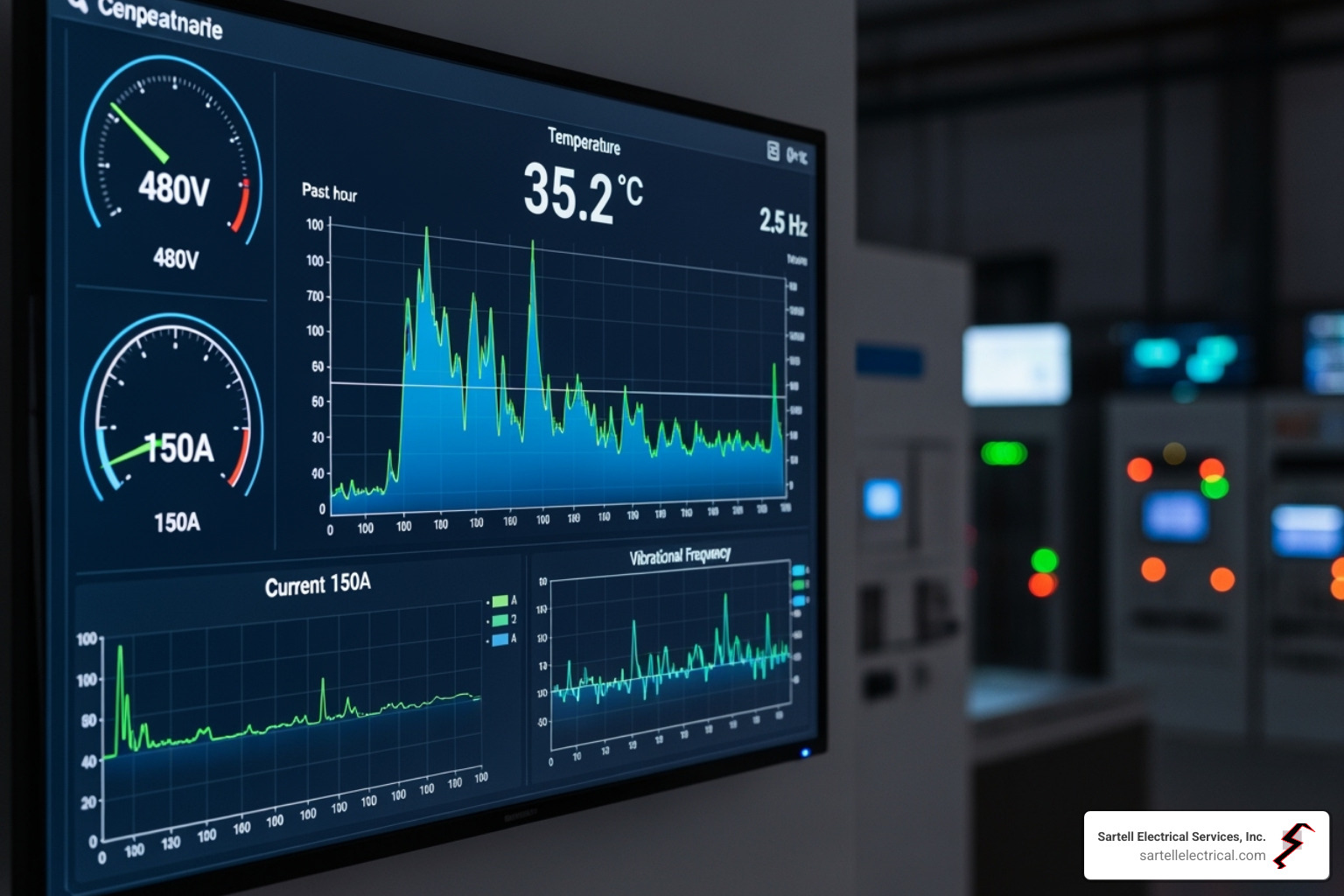 Dashboard displaying real-time electrical asset health metrics, including temperature, voltage, current, and vibration levels - condition-based asset monitoring for electrical systems