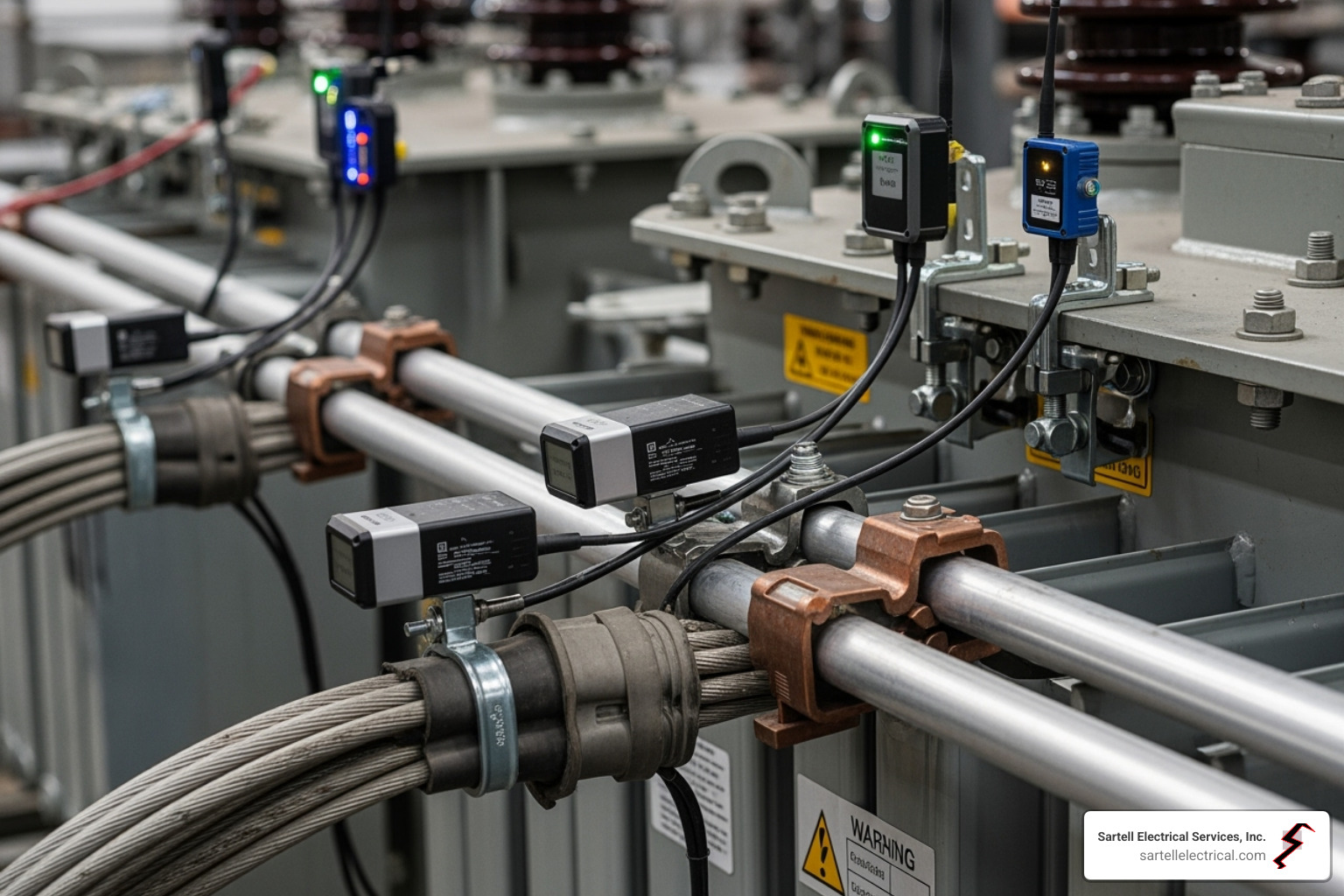 Close-up of various IIoT sensors strategically attached to electrical components like cables, busbars, and transformers - condition-based asset monitoring for electrical systems