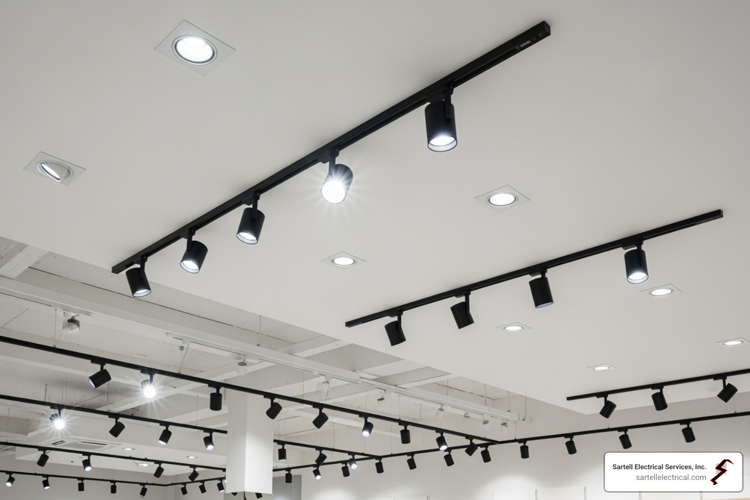 various modern LED retail lighting fixtures like track lights and recessed downlights - Retail lighting installation various modern LED retail lighting fixtures like track lights and recessed downlights - Retail lighting installation