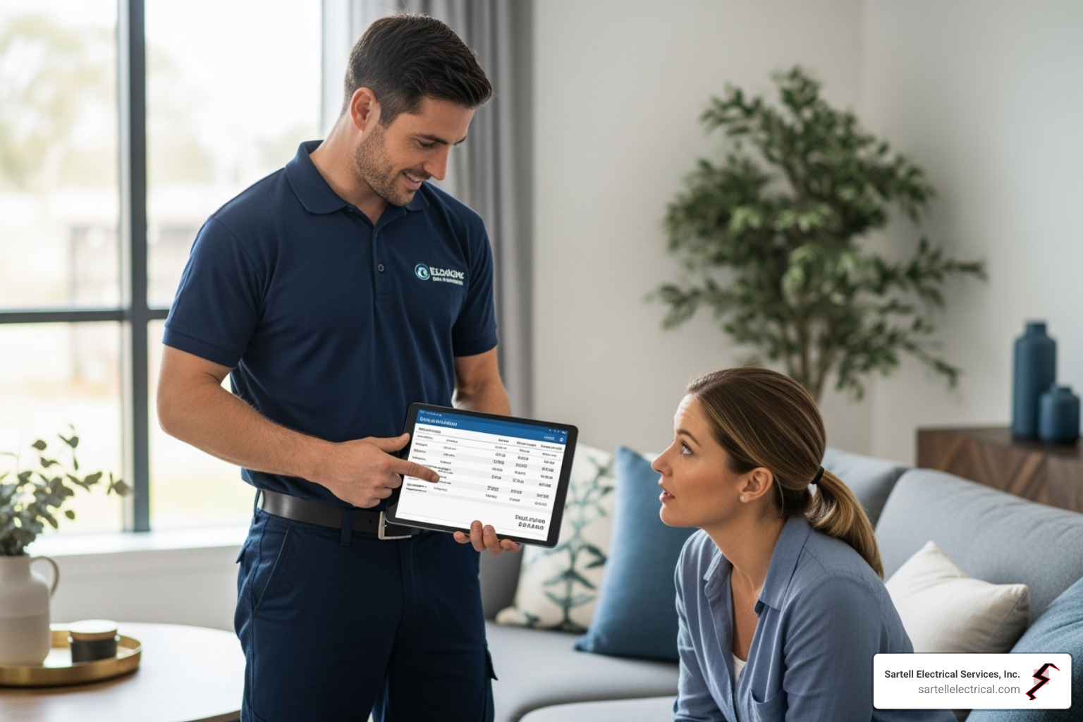 electrician showing a customer a detailed quote on a tablet - electrician framingham ma electrician showing a customer a detailed quote on a tablet - electrician framingham ma